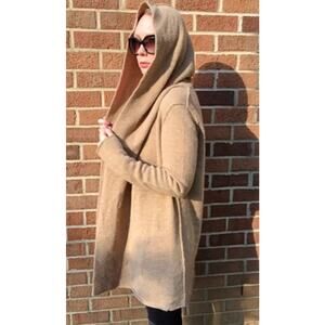 Vince Wool and Yak Longline Cardigan Open Front Hood Beige Classy Quiet Luxury M